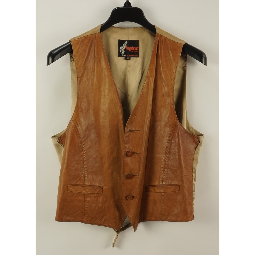 Vintage 1970s Vagabond New Hampshire Brown Leather Western Vest Sz 46 Distressed